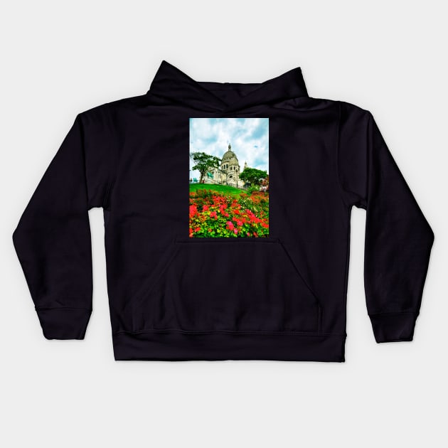 Sacre Coeur Basilica, Red Flowers, Paris, France Kids Hoodie by tommysphotos